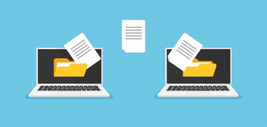 File transfer concept. Uploading documents to internet, copy to cloud storage or pc. Download process. Data exchange, backup. Vector illustration in trendy flat style.