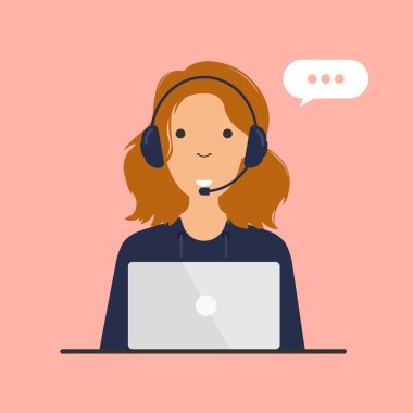 Tech support and customer service landing concept. Women with headphones and microphone on laptop screen. Assistance, call center. Vector illustration.