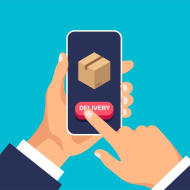Parcel delivery service. Man use app and click on the phone. Vector illustration isolated.