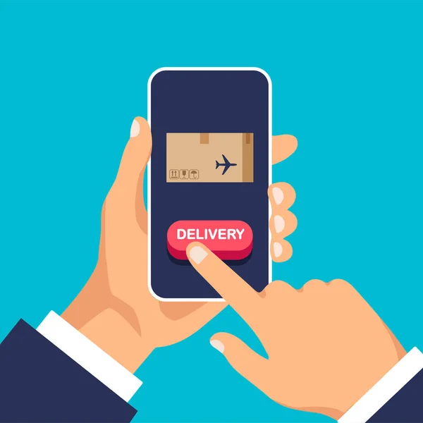 Parcel Avia Delivery Service Man Use App Click Phone Vector —  Vetores de Stock