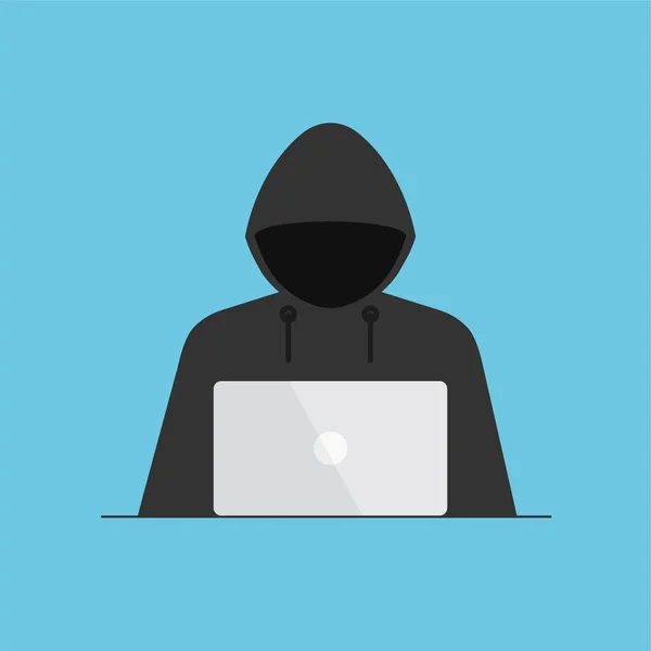 Hacker Zwarte Motorkap Cybercrimineel Laptop Proces Van Het Stelen Van — Stockvector