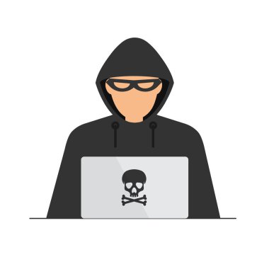 Siyah başlıklı bir bilgisayar korsanı ya da dizüstü bilgisayarda siber suçlu. Kullanıcı kişisel bilgilerini çalma süreci. İnternet dolandırıcılığı. Hackerlar saldırır. Vektör illüstrasyonu beyazda izole edildi.