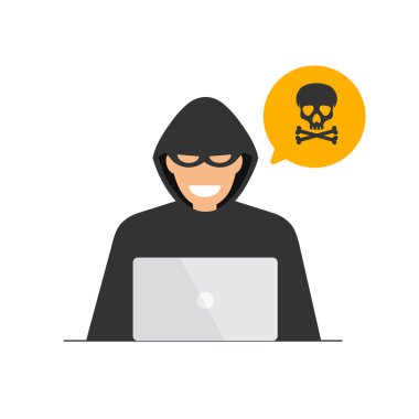 Siyah başlıklı bir bilgisayar korsanı ya da dizüstü bilgisayarda siber suçlu. Kullanıcı kişisel bilgilerini çalma süreci. İnternet dolandırıcılığı. Hackerlar saldırır. Vektör illüstrasyonu beyazda izole edildi