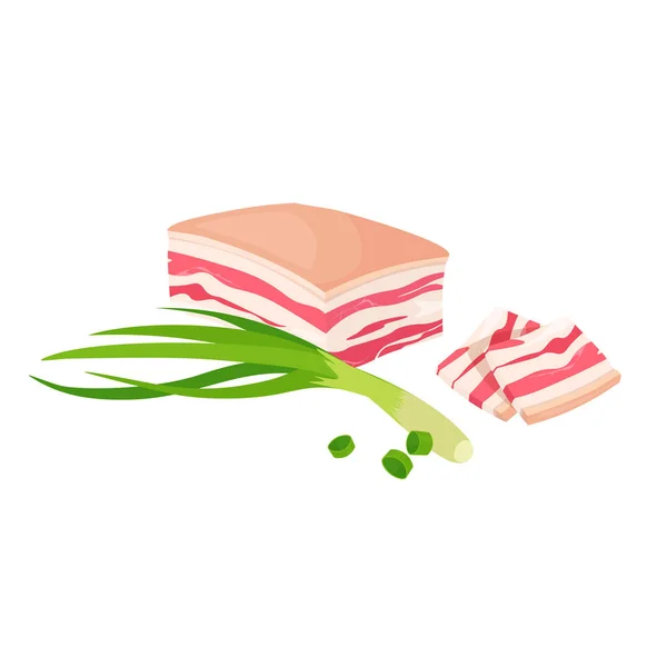 Vektorzsír Zöldhagyma Bacon Filé Sertés Has Friss Hús — Stock Vector