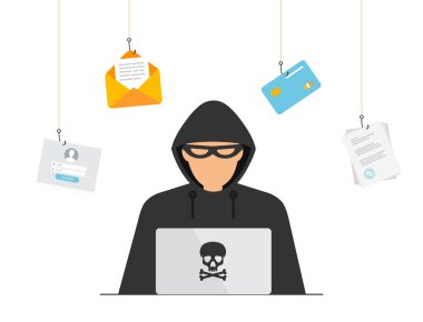 Siyah başlıklı bilgisayar korsanı dizüstü bilgisayarda oturuyor. Siber suçlu hackleme kullanıcı girişi. Kişisel veri, belge, posta, kredi kartı çalma işlemi. Vektör illüstrasyonu.
