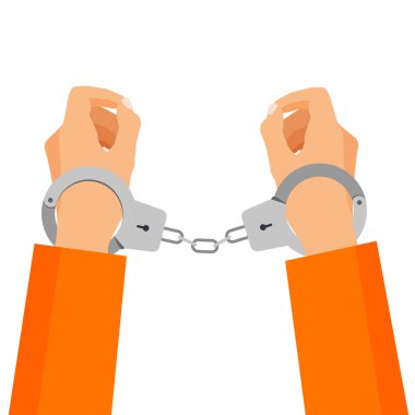 Kelepçeli ve turuncu hapishane cüppeli bir adam tutuklanmış. Tutuklama konsepti. Suç, yozlaşma. Beyaz arkaplanda izole edilmiş modayı gösteren vektör illüstrasyonu.