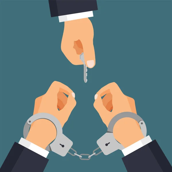 Man Key Unlocking Handcuffs Arrested Man Break Free End Arrest — Stock Vector