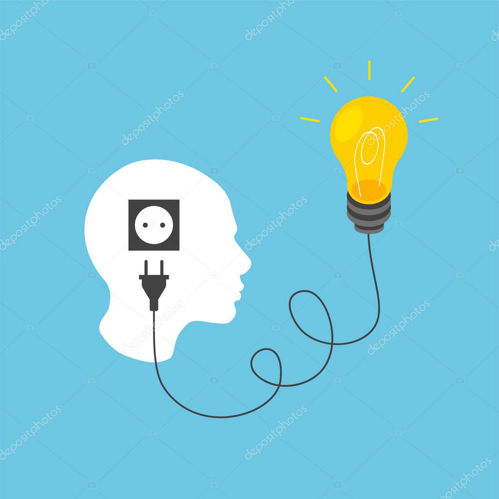 Human silhouette head and bulb is plugged into a socket. Nonstandard thinking, creative idea concept. Vector illustration isolated.