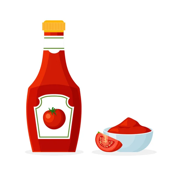 Botol Kecap Dan Mangkuk Dengan Tomat Ikon Saus Unsur Desain - Stok Vektor