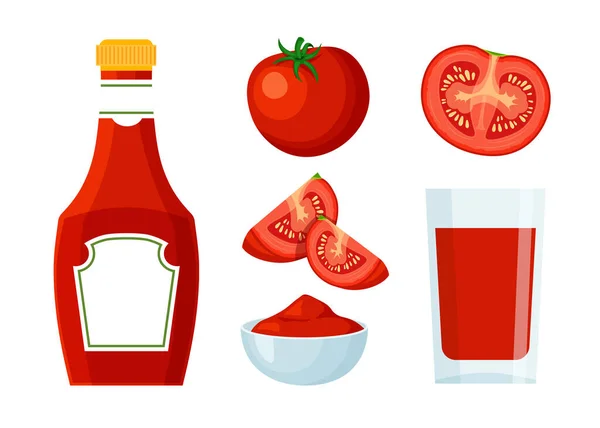 Ketchup瓶子 番茄酱碗 Icon设置 设计你的海报 小册子 传单的元素 在白色背景上孤立的流行平板风格的矢量插图 — 图库矢量图片