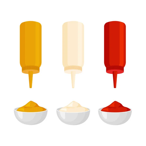 Ketchup Mosterd Mayonaise Dipsaus Plastic Fles Sjabloon Design Element Voor — Stockvector