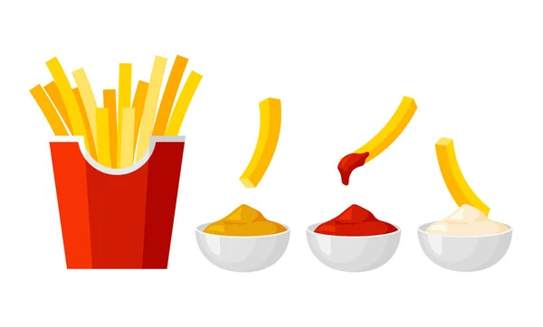 Pommes Frites Röd Förpackning Potatispinnar Med Ketchupdippsås Snabbmatsset Vektor Illustration — Stock vektor