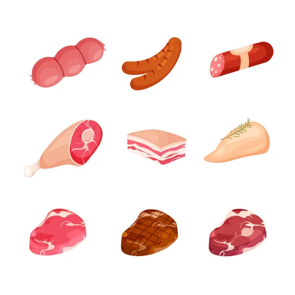 Σύνολο Εικονιδίων Προϊόντων Κρέατος Μπριζόλες Χοιρινό Μπέικον Κοτόπουλο Λουκάνικο Μαγαζί — Διανυσματικό Αρχείο