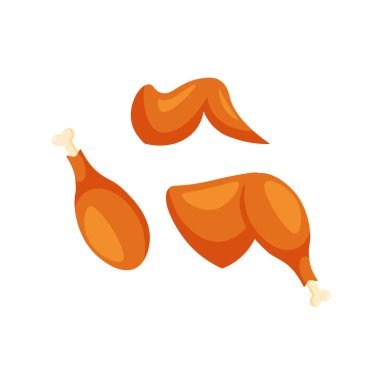 Kızarmış tavuk kanatları, bagetler, bacaklar. Et parçaları. Poster, restoran, menü, broşür ve broşür tasarımı. Beyaz arkaplanda izole edilmiş modayı gösteren vektör illüstrasyonu.