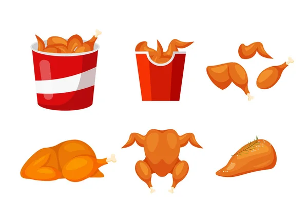 一套油炸或烤火鸡翅 红桶里的脆炸鸡块 在白色背景上孤立的流行平板风格的矢量插图 — 图库矢量图片