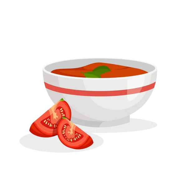 Det Gazpacho Tomatsoppa Skål Spanskt Kök Vektor Illustration Trendig Platt — Stock vektor