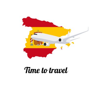 İspanya haritasında ulusal bayrak renkleriyle boyanmış bir uçak. Seyahat afişi şablonu. Uçan uçak. Vektör illüstrasyonu.