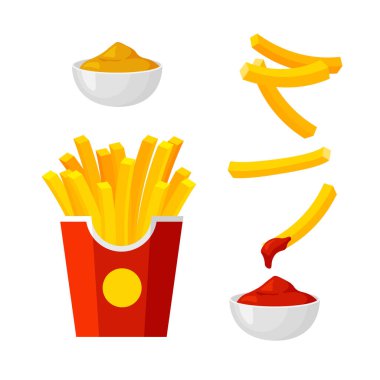 Kırmızı bir paket içinde patates kızartması. Ketçap soslu kızarmış patates. Fast food şablonu. Beyaz arkaplanda izole edilmiş modayı gösteren vektör illüstrasyonu.