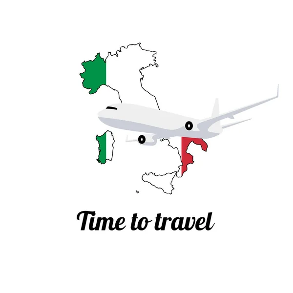 Мапі Італії Зображено Кольорами Національного Прапора Мандрівний Плакат Літаючий Літак — стоковий вектор