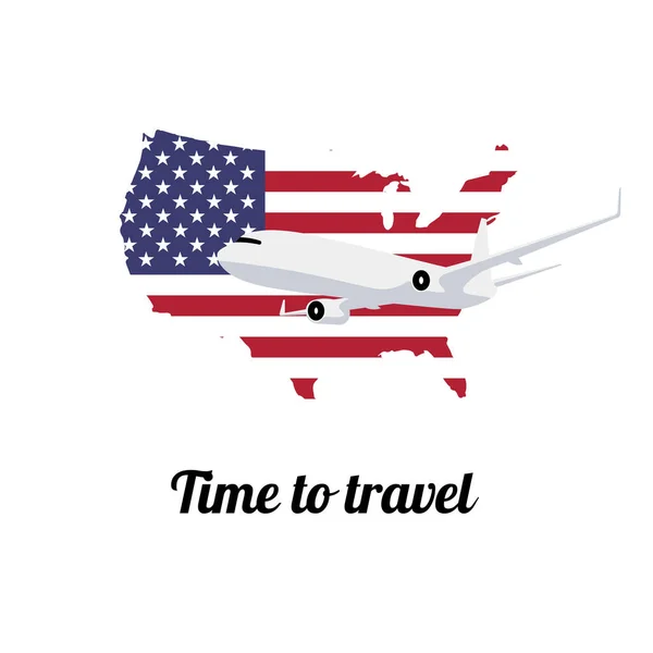 Flygplan Usa Kartan Målade Nationella Flaggfärger Reseaffischmall Flygande Flygplan Vektorillustration — Stock vektor