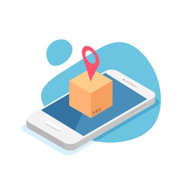 Teslimat uygulaması izleme konsepti. Pist servisi. Akıllı telefon uygulaması. İzometrik biçimde izole edilmiş vektör illüstrasyonu.