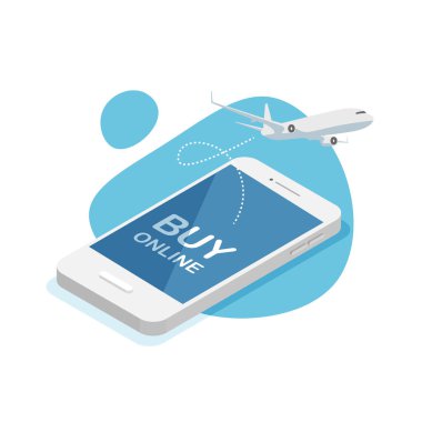 İnternetten kitap biletleri. Uçuş araması ve uçak bileti. İzometrik biçimde izole edilmiş vektör illüstrasyonu.