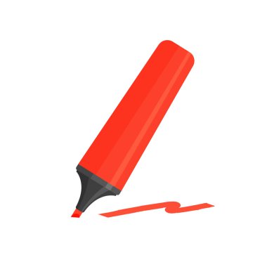 İşaretli kırmızı fosforlu kalem. Vurgulama metni için neon renkli kalem. Beyaz arkaplanda izole edilmiş modayı gösteren vektör illüstrasyonu.