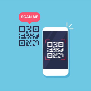 QR kodu akıllı telefondan taranıyor. Ödeme ya da bilgi almak için tara. Moda düz biçimdeki vektör illüstrasyonu izole edildi.