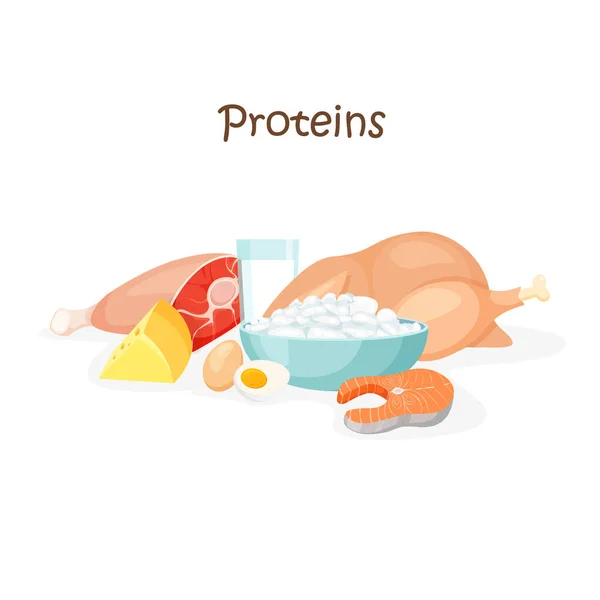 Cibo Ricco Proteine Manzo Pollo Pesce Uova Formaggio Latte Macronutrienti — Vettoriale Stock