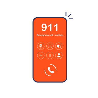 Kırmızı ekranda acil durum çağrısı olan akıllı telefon. 911 arıyor. Beyaz arkaplanda izole edilmiş modayı gösteren vektör illüstrasyonu.