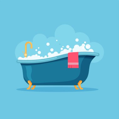 Bath full of foam with bubbles and pink towel. Relax bathroom. Vector illustration in trendy flat style isolated on blue background. clipart