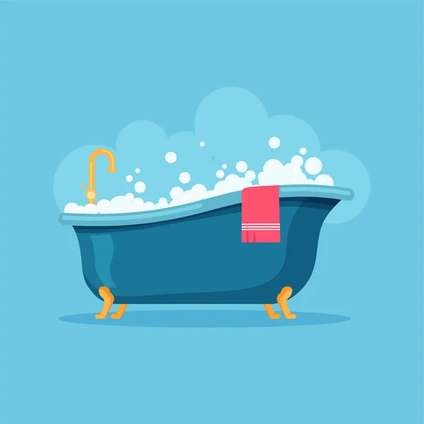 满地都是泡沫和粉色毛巾放松浴室 在蓝色背景上孤立的流行平板风格的矢量插图 — 图库矢量图片
