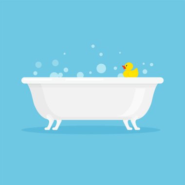 Köpüklü beyaz seramik banyo ve sarı plastik ördek. Mavi arkaplanda izole edilmiş modayı gösteren vektör illüstrasyonu.