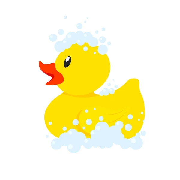 Yellow Rubber Bath Duck Foam Bubbles Vector Illustration Trendy Flat — Stock Vector