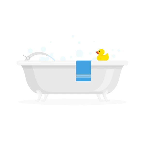 白色陶瓷浴池 泡沫泡泡 蓝色毛巾和黄色橡胶鸭 在白色背景上孤立的流行平板风格的矢量插图 — 图库矢量图片