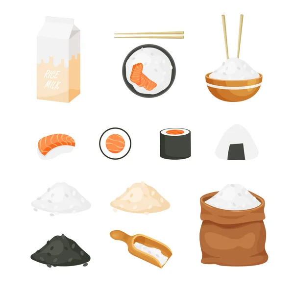 Conjunto Productos Arroz Sushi Bowl Leche Variedad Arroz Colección Iconos — Archivo Imágenes Vectoriales