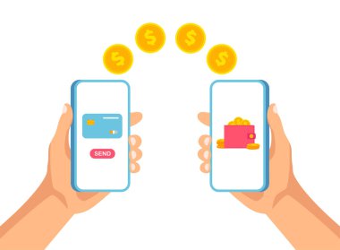 Cep telefonu para transferi. İki akıllı telefon arasında online ödeme. Banka uygulaması şablonu. Elleri akıllı telefonu tutuyor ve kablosuz para gönderip alıyor. Vektör illüstrasyonu beyazda izole edildi.