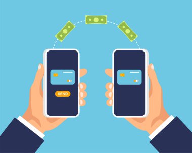 Cep telefonu para transferi. İki akıllı telefon arasında online ödeme. Banka uygulaması şablonu. Elleri akıllı telefonu tutuyor ve kablosuz para gönderip alıyor. Düz moda vektör illüstrasyonuName.