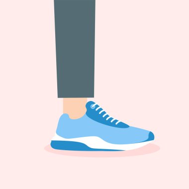Spor ayakkabısındaki kadın ya da erkek bacağı. Spor ayakkabıları yan görünümü. Moda düz biçimdeki vektör illüstrasyonu izole edildi.