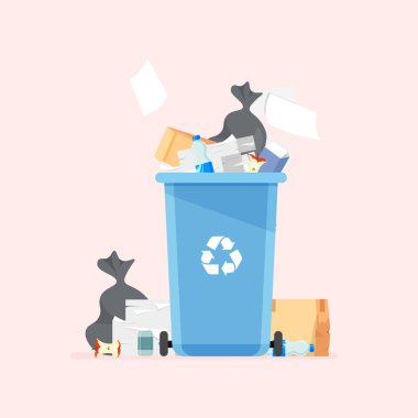 Çöplerle dolu bir çöp konteynırı. İsraf yığını. Çöp torbaları çöp tenekesinin yanında. Moda düz biçimdeki vektör illüstrasyonu izole edildi