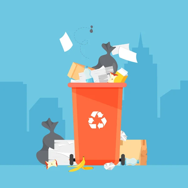 Odpadkový Kontejner Netříděným Odpadem Pozadí Města Hromada Odpadu Poblíž Popelnice — Stockový vektor