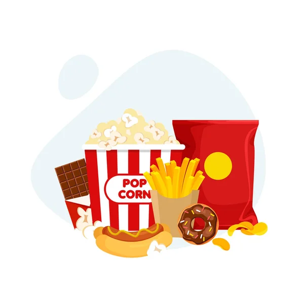 Njut Snabbmat Ohälsosam Kost Pommes Frites Popcorn Varmkorv Choklad Etc — Stock vektor