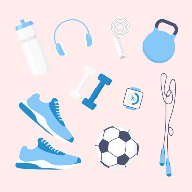 Spor ekipmanları hazır. Renkli spor aksesuarı. Egzersiz malzemesi. Dambıllar, spor ayakkabılar, ip atlama, top, kulaklık vs. Moda düz biçimdeki vektör illüstrasyonu izole edildi.