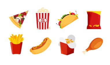 Abur cubur takımı. Fast food: Sosisli sandviç, pizza, cips, patates kızartması, patlamış mısır, tavuk bacağı, taco vs. Sağlıksız yiyecekler. Beyaz arkaplanda izole edilmiş modayı gösteren vektör illüstrasyonu.
