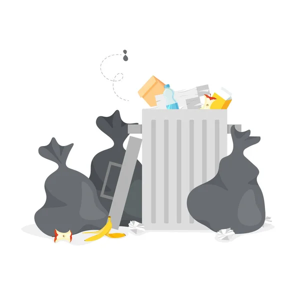 Pojemnik Śmieci Nieposortowanymi Śmieciami Kupa Odpadów Torby Pełne Śmieci Przy — Wektor stockowy