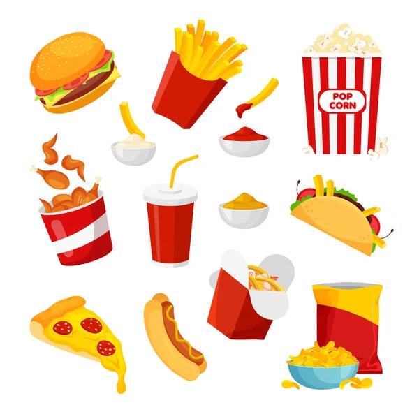 Een Junkfood Set Fastfood Hamburger Hotdog Pizza Frietjes Frietjes Popcorn — Stockvector