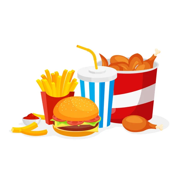 Fast Food Klassiek Menu Halen Amerikaanse Maaltijd Grote Set Friet — Stockvector