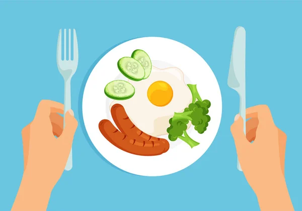 Köstliches Gesundes Frühstück Auf Einem Teller Von Oben Omelette Grillwürste — Stockvektor