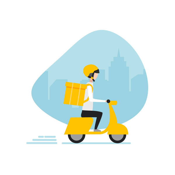 Fast delivery man on motorcycle or motobike. Express delivery service. Courier on a street background. Stay home. Fast food icon. Vector illustration.