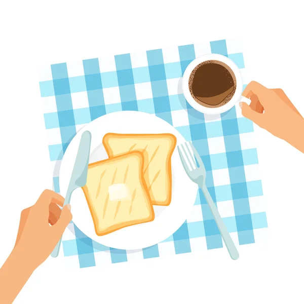 Pyszne Śniadanie Talerzu Widok Góry Toast Masłem Kawą Stół Obrusem — Wektor stockowy